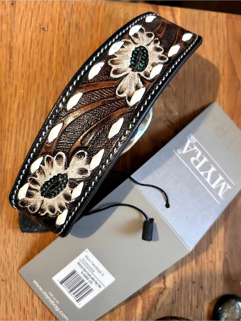 Myra Bag Brand Floral Tooled Leather dog collar in Black & Brown NWT